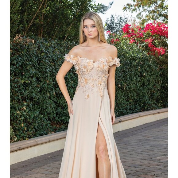 New Off Shoulder Long A-Line Floral Dress w/ Leg Slit & Lace Up Back DQ 4268 - Picture 3 of 9